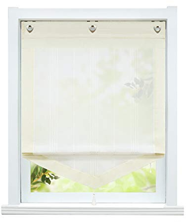 ESLIR Raffrollo ohne Bohren Gardinen Küche Landhaus Raffgardinen mit Ösen Transparent Ösenrollo Vorhang Leinen Beige BxH 100x140cm 1 Stück