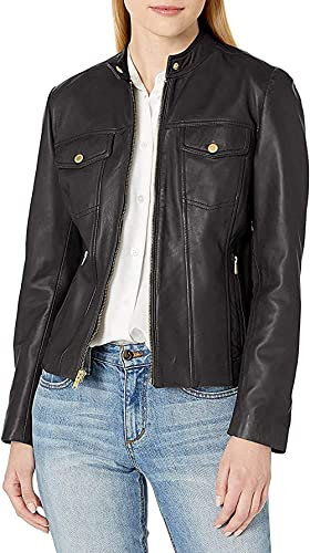 Fasigo Lederjacke für Damen, königliches Lammfell, Jeansjacke, Stil Pick An Run, Schwarz, Größe XL, Schwarz, XL