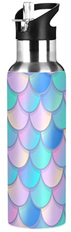 Vnurnrn Cadeau D'Art Écailles De Poisson Sirène Bouteille d'eau Isotherme avec Paille en Acier Inoxydable Gourde 600ML, Sans Bpa Gourdes Eau pour Enfant Sport Randonnée École Bureau