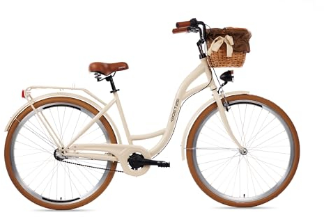 Goetze Style 28 Zoll Damen Citybike, 18 Zoll Rahmen, Tiefeinsteiger, 3-Gang Nabenschaltung, Rücktrittbremse, LED-Beleuchtung, Gepäckträger, Komfortsattel, Schutzbleche, Rattankorb mit Stoffeinsatz!