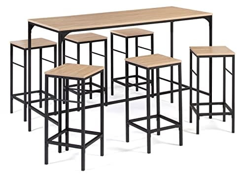 IDMarket – Conjunto de mesa alta de bar Detroit 150 cm y 6 taburetes diseño industrial