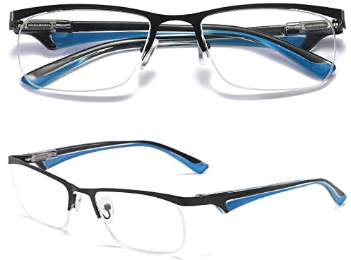 MAGIMODAC Lesebrille Blaulichtfilter Halbrahmen Lesebrillen Rechteckige Lesehilfe Federscharnier Metall Sehhilfe mit PU Leder Etui für Herren Damen (Blau, 1.50)