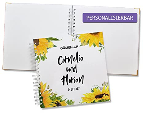 FEENSTAUB Gästebuch Hochzeit, Hochzeitsgästebuch personalisiert [Handmade] Ringbuch made in Austria, Hochzeit Gästebuch blanko, Fotoalbum Sonnenblume, personalisiertes Hochzeitsbuch, Geschenk Hochzeit