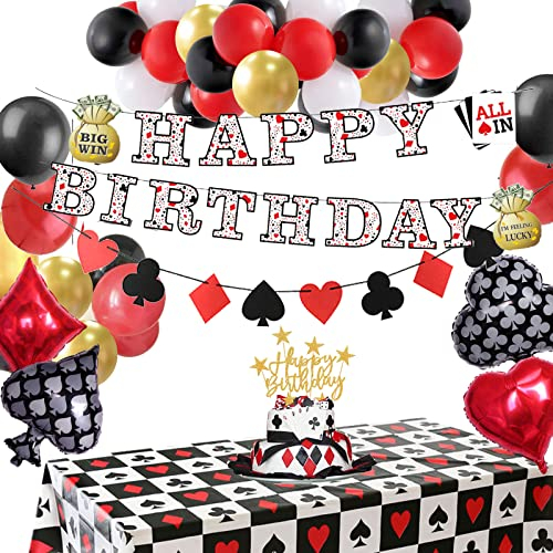 Casino Geburtstag Deko Las Vegas Poker Tischdecke Spielkarte HAPPY BIRTHDAY Girlande Folie Ballons Casino Nacht Partydeko Spieleabend Dekoration Wimpelkette Geburtstagsdeko Rot Schwarz