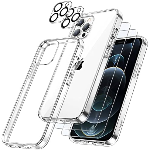 JETech 5 in 1 Hülle für iPhone 12 Pro 6,1 Zoll mit 2 Stück Schutzfolie und Kameraschutz, Nie Vergilbung, Full Screen Panzer Schutz Glas Folie Displayschutz, Stoßfest Handyhülle (Durchsichtig)