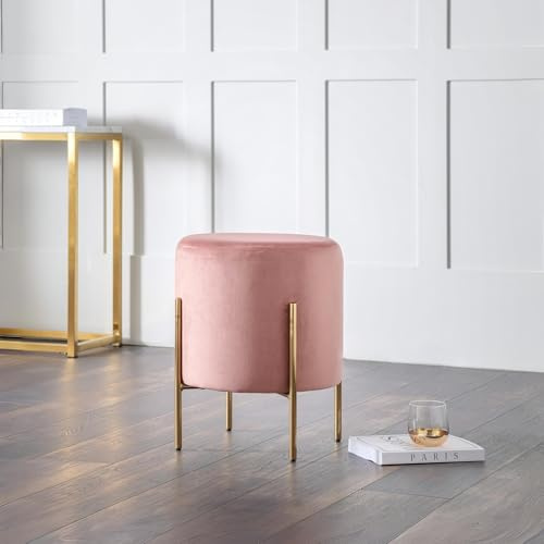 Julian Bowen Harrogate Stool, Pink | Modern Vanity Stool for Bedroom, Soft Rose Velvet Upholstered, Slick Gold Brushed Legs, Minimalist Design