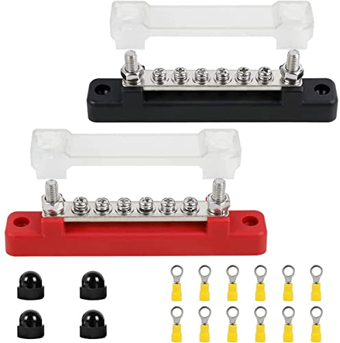 Greluma 6 polige Sammelschiene, Erdungsverteilung, 150 A-Stromverteilungs-Klemmenblock mit Abdeckung für Auto, Marine, Auto, Anhänger, Wohnmobil, Boot – Rot und Schwarz, 2 Stück