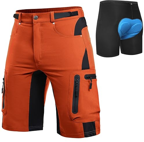 Cycorld MTB Hose Herren Radhose, Schnelltrocknend Mountainbike Hose Fahrradhose mit 4D Sitzpolster, Elastische Sport Radlerhose Shorts (Orange-rot mit Unterwäsche, XXL)