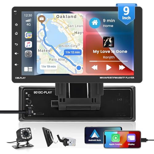 Hikity Radio Coche 1 DIN con 9 Pulgadas Pantalla Extraible Carplay Autoradio Bluetooth con Android Auto Mirror Link SWC FM Radio USB Cámara Visión Trasera