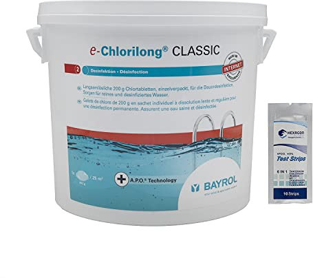 BAYROL e.CHLORILONG Classic Galet 200g - 5kg | Chlore Lent Stabilisé - Désinfection Régulière - Dissolution Lente + 10 Tests HPS OFFERTS 6 en 1