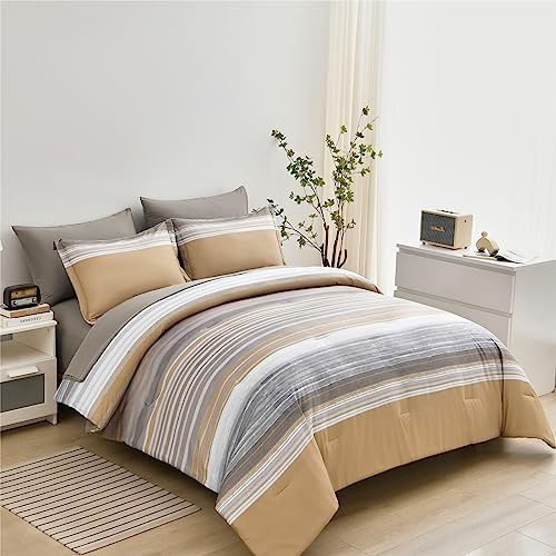 KAKIJUMN 7-teiliges Bettwäsche-Set für Betten in Einer Tasche, gestreift, Queen-Size-Größe, Weiß, Grau, Khaki, Patchwork, komplettes Bettwäsche-Set (Khaki, Queensize)
