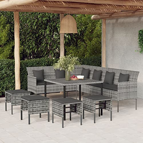Yolola Poly Rattan Ecksofa Rattan-Lounge Esstisch Garten-Essgruppe Gartenmöbel-Set Garten Sitzgruppe Gartengarnitur Sofa Garnitur Couch-Eck Grau
