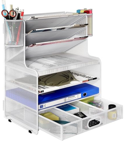 TQVAI 7 Fächer Schreibtisch Organizer mit 2 Stiftehalter Metall Dokumentenablage A4 Papierablage Ablage Büro Organizer Schubladenbox für Zuhause Schule, Weiß