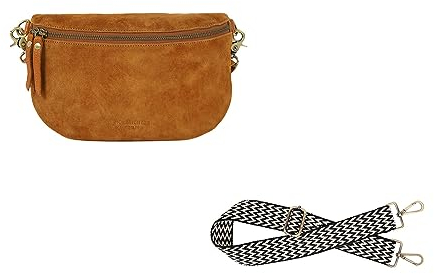 HOLZRICHTER Berlin Bauchtaschen Bundle No 4-6 (L) karamell - Bauchtasche No 2-2 (L) + Webgurt No 4-2 (S) Chevron Schwarz/Weiss - handgefertigt aus Premiumleder