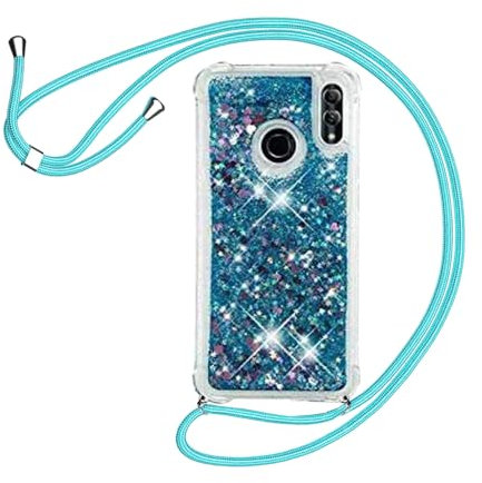 HomiTunky Handykette für Huawei Honor 10 Lite/P Smart 2019 Hülle mit Band,Silikon Durchsichtig Transparent Flüssig Glitzer mit Kette Kordel Bumper Treibsand Necklace TPU Schutzhülle Case,Blau