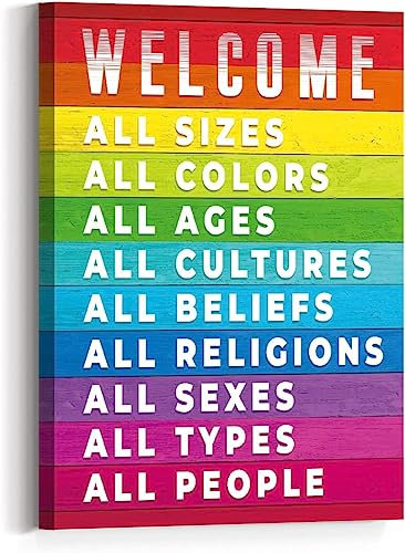Kunstdruck auf Leinwand, Motiv Everyone is Welcome Here, Regenbogenfarben, Wandkunst, fertig zum Aufhängen, für Zuhause, Büro, Bar, Klassenzimmer, Schule, Restaurant, Wanddekoration