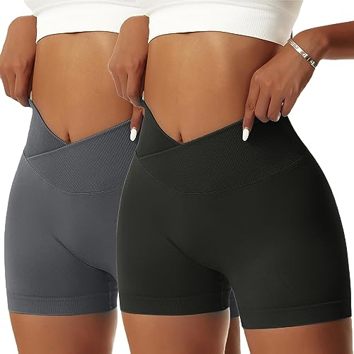 Vertvie Damen 2/3/5 Pack Gym Shorts V Cross Scrunch Butt Push Up Yoga Shorts Stretch Fitness Hosen High Waist Nahtlos Kurz Leggings Butt Lift Workout Booty Sportshorts (2pc Schwarz/Dunkelgrau, L)