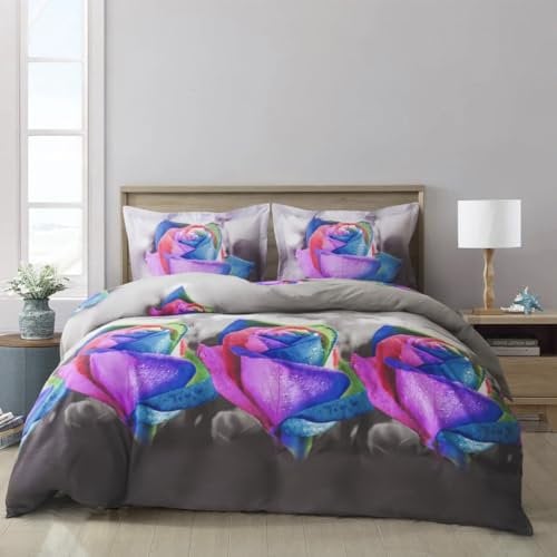 BQC 4 Pcs Duvet Cover Set 3D Printed Microfiber Quilt Cover with Extra Fitted Sheet Hypoallergenic Bedding Set with 2 Pillow Cases (Multi Rose Grey Base 363, Double)