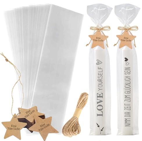 Sugeru 100pcs Cellophantüten 32 * 10cm mit 100 Kraftpapier Geschenkanhänger 1 Jute Schnur,Transparent Kerzentüten,Tüten Kerzen,für Weihnachten Birthday Party Geschenke Kerzentattoo Kerzenfolie-I