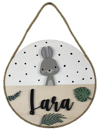 Placa de madera personalizada con nombre. 13 modelos a elegir. Decoración dormitorio bebé. Regalo bebé personalizado (Conejo)