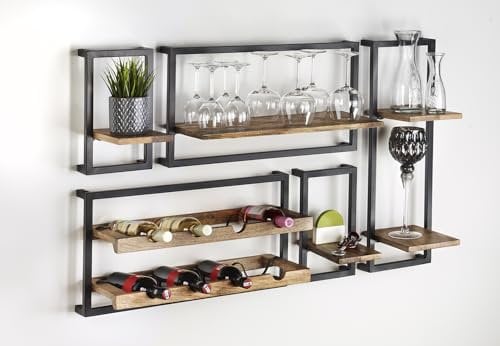 Kobolo Wandregal Hängeregal Metallregal Weinregal Style aus Mangoholz und Metall