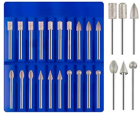 20Pcs Diamond Grinding Bit Set, 1/8 Shank Carving Diamond Burr Bits Rotary Drill Tool Compatible with Dremel, 3mm Engraving Bits for Grinder Drill, Carving Grinding Polishing Engraving