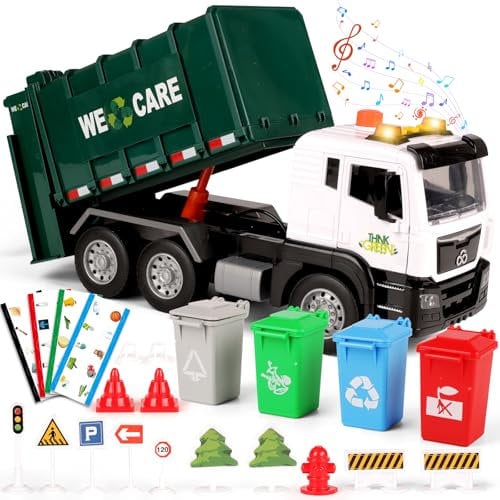 BunnyJOY Garbage Truck Toy with Bins, Interactive Toy Trucks with Sound and Light, Educational Toy Vehicle Playset for 3+ Year Old, Toy Waste Lorry, Gift for Boy Girl Kid 4 5 6 7 8 Year old, Green