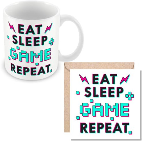 MUGGZ Eat Sleep Game Repeat Mug & Card -Gamer Gift - Giftset - Made in The UK