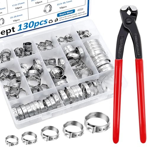 Seept 130Pcs 12-Sizes 304 Stainless Steel Single Ear Hose Clamps with Ear clamp plier 6-36.1mm Crimp Hose Clamps Assortment Kit for Auto/Home Appliance/Pipe/Fuel Line Stepless hose clamp with pincer