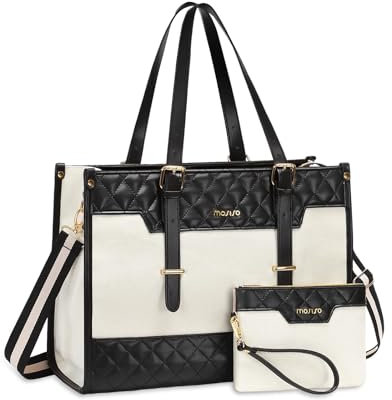 MOSISO Mujer Portátil Bolsa,15-15,6 Pulgadas Lona Laptop Bolso,16 Pulgadas Gran Capacidad Rombo Acolchado Bolsa Trabajo con Bolso Embrague,Computadora Casual para Negocios Oficina Viajes Maletín,Beige