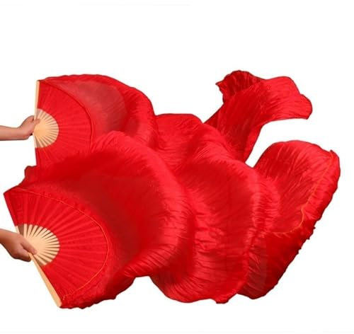 WJPUUS 1 Pair(Left+Right) Belly Dance Fan Artificial Silk Fans,Colorful Dancing Fabric Fans,Long Folding Imitated Silk Fans,for Dancing Show Arts,Length 180cm Width 90cm. (Red)