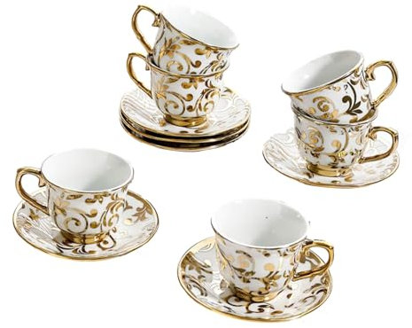 Juego de tazas de café y platos de cerámica con bordes dorados de estilo británico de 80 ml/70.9 g para el hogar, 6 tazas, plato C, estilo 003