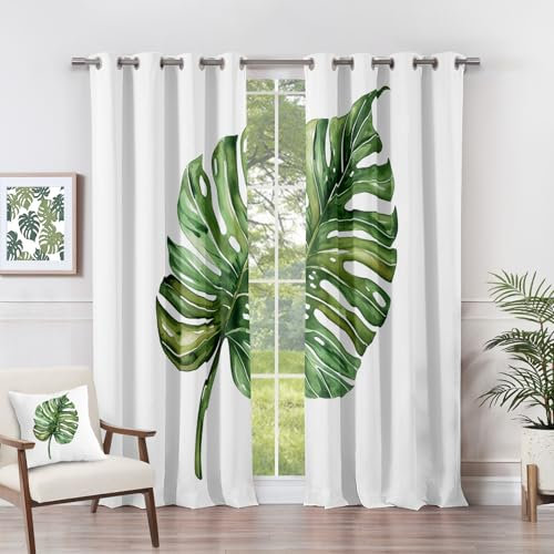 Vorhänge Monstera - Blätter Botanische Grün Fenster Gardinen mit Ösen, Vorhang Blickdicht Verdunklungsvorhänge Thermovorhang für Wohnzimmer Schlafzimmer Deko 2er Set, H 166 x B 75 cm H#-269