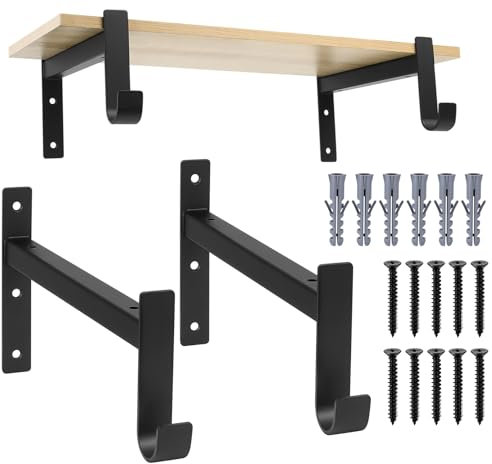 2 Pcs Equerre Etagere Murale, Support Etagère Murale, Support Etagere, Équerres Étagère de Fixation Murale, Supports D'étagère de 90 Degrés Noir avec Crochets Pour Étagères Salon Chambre(255mm)