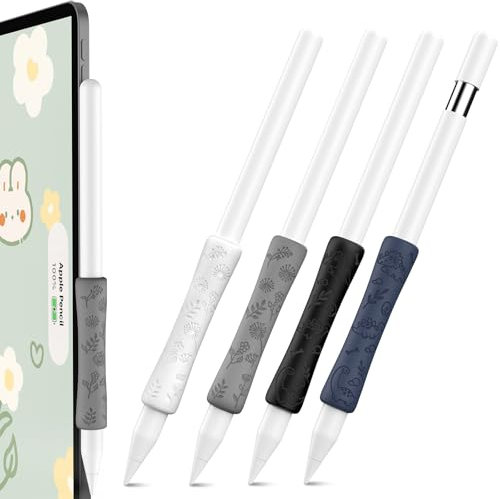 4 Stück Apple Pencil Griff Blumen Gravierte Silikon Apple Pencil Hülle Grip Kompatibel mit Apple Pencil Pro, Apple Pencil2. Generation und Apple Pencil USB-C (Weiß/Hellgrau/Schwarz/Mitternachtsblau)