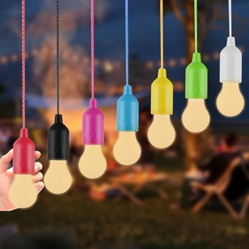 POCKETMAN 7 Stück Pull Light,Tragbare Campinglampe mit Zugschalter,AAA Batteriebetrieben Hängende LED Glühbirne Lichter für Garten,Party Dekoration,Zelt,BBQ,Stromausfall (Warmweißes Licht)