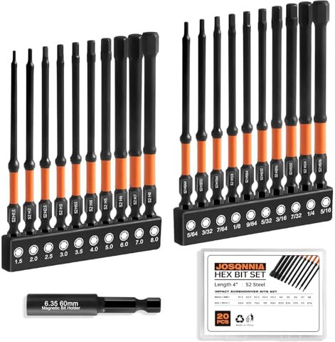 Allen Wrench Drill Bit Set-Impact 4 Long Hex Bit Set 20pcs (Metric&SAE),1/4”Hex-Shank S2 Steel Key Drill Bit Set with Magnetism, CNC Machined Tips with Extension Socket and Storage Box