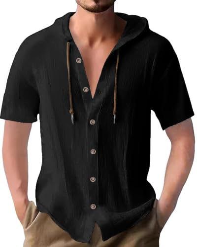 PRIVIMIX Mens Shirts Short Sleeve Cotton Linen Shirt Button Down Hooded Tshirt Summer Hoodie Top for Beach Holiday M-3XL