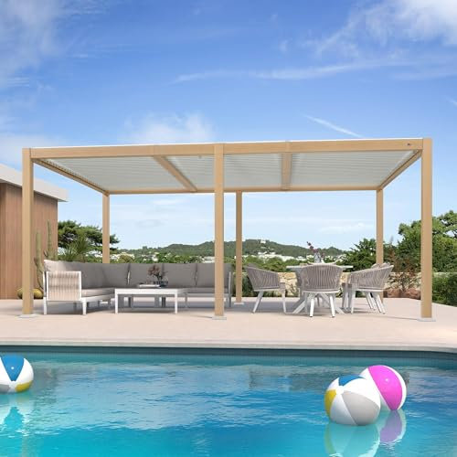 PURPLE LEAF Pergola Bioclimatique en Effet Bois Aluminium 3,5 x 5,5 m, Tonnelle de Jardin Extérieur Imperméable avec Lames Orientables, Pergola pour Terrasse, Jardin et Carport, Boisé