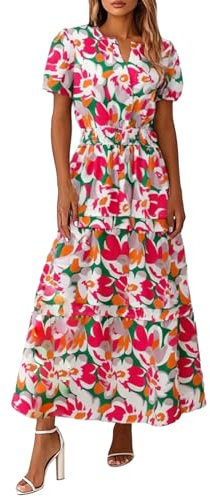 Robe longue d'été bohème décontractée à manches courtes et col en V pour femme, coupe ample, taille haute, ourlet à volants, style bohème, vacances, plage, 08-rose., XL