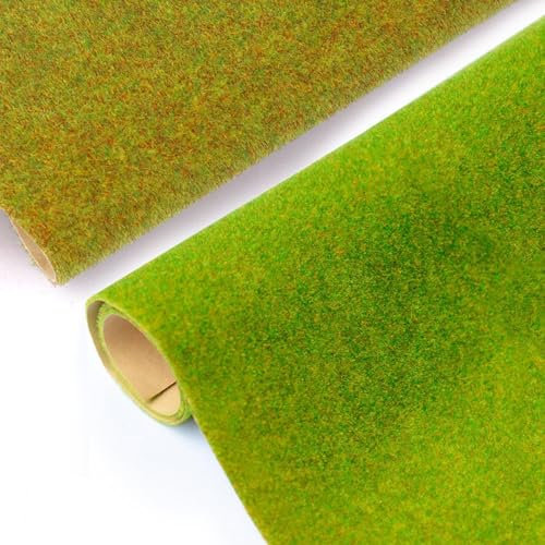 Jortmrd 2 Rouleaux 100 x 35 cm Tapis d'Herbe Pelouse Artificielle,Faux Gazon Modèle Ferroviaire, pour Accessoires de Modélisme, Aménagement Paysager (Vert Jaune + Vert Clair)