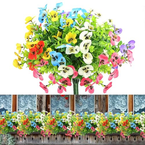 6 paquetes de flores artificiales como flores artificiales reales para balcón, flores artificiales, pensamientos, primavera, ramo de flores artificiales para exteriores, plantas de balcón, resistentes