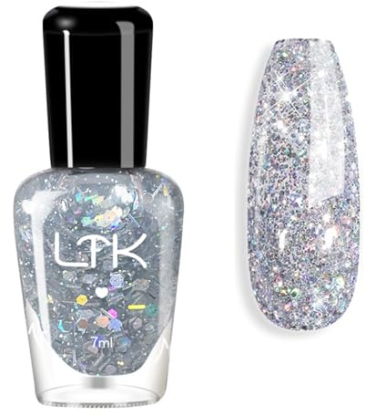 Silver Glitter Nail Polish - Quick Drying Nail Varnish - Silver Diamond Sparkle Long Lasting Varnish - Holographic Flash Shinny, No Baking & Easy to Apply for Women