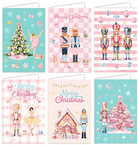 Qpout 18 Packs Nutcracker Christmas Greeting Cards with Envelopes and Stickers,Cute Pink and Blue Xmas Holiday Card Bulk for Blessing Merry Christmas Holidays Party Favor Supplies
