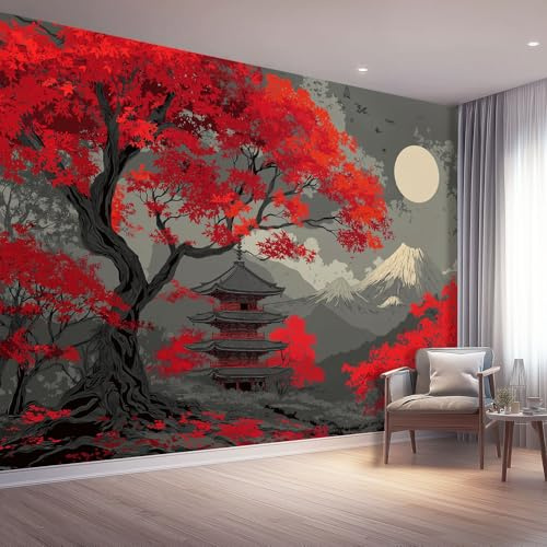 Fototapete Japanischer Stil Wandtapete Wohnzimmer Schlafzimmer Kinderzimmer Moderne Vliestapete Rot Ahorn Pagode Wanddeko, 400 x 280 cm