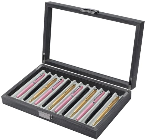 PH PandaHall 12-Slot Wood Pen Display Case, Fountain Pen Storage Box Black Pens Organizer Box with Glass Window Metal Buckle for Father's Day Office Home Desk Pens Collection Gift, 32x20x5.5cm