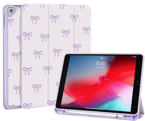 Fycyko Hülle für iPad 9./8./7. Generation 2021/2020/2019, iPad 10.2 Zoll Hülle mit Stifthalter,Cute Bow Muster Trifold Ständer mit Kratzfest, Rosa Ästhetisches Schutzhülle für 9./8./7.-Violett
