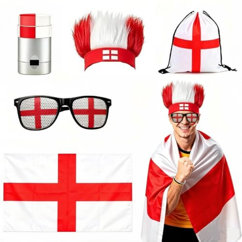 Aitsite Fußball WM 2026 Fanartikel 5 Stück - Umhänge & Brille&Perücke für Fußball Fans, Geschenksets für Herren&Damen, Nationale Deko Accessoires für Stadion & Public Viewing Party Fussball WM