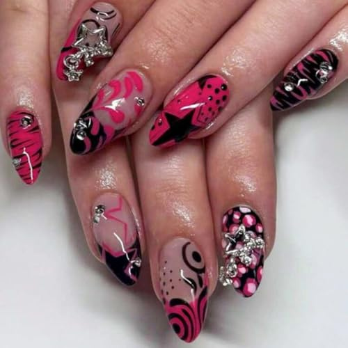 24pcs Medium Almond False Nails Pink Black Ombre Press on Nails Graffiti Pattern Star Rhinestone Design Stick on Nail Tips Y2K Removable Glue-on Fake Nail Art Accessories for Women