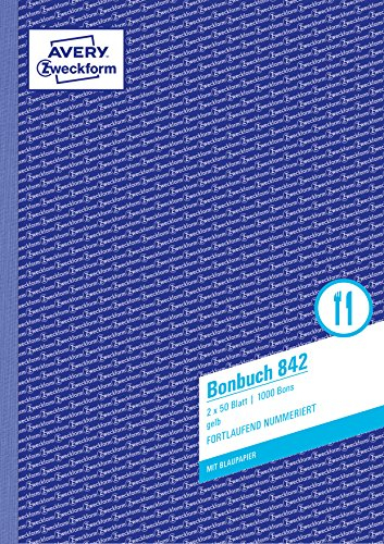 AVERY Zweckform 842 Bonbuch (A4, 1.000 fortlaufend nummerierte Bons, 2x50 Blatt, mit einem Blatt Blaupapier und je einem Durchschlag, 1 Buch mit 1.000 Bons, ideal für den Gastronomiebedarf) gelb/weiß